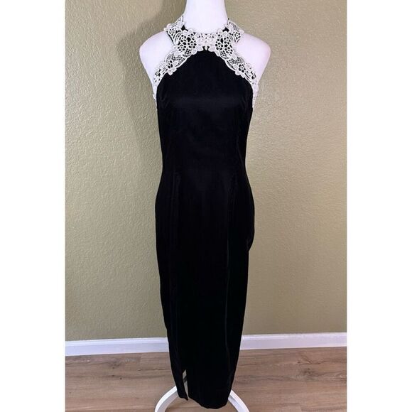 Jessica McClintock Womens 7/8 High Neck Black Velvet Maxi Dress Lace Trim Formal - Picture 1 of 9